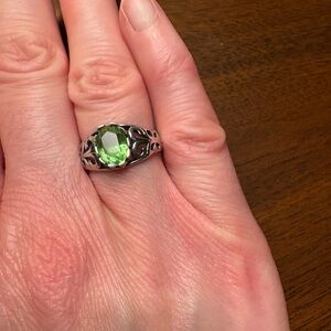 Simulated Peridot Sterling Silver Filigree Ring, Size 5